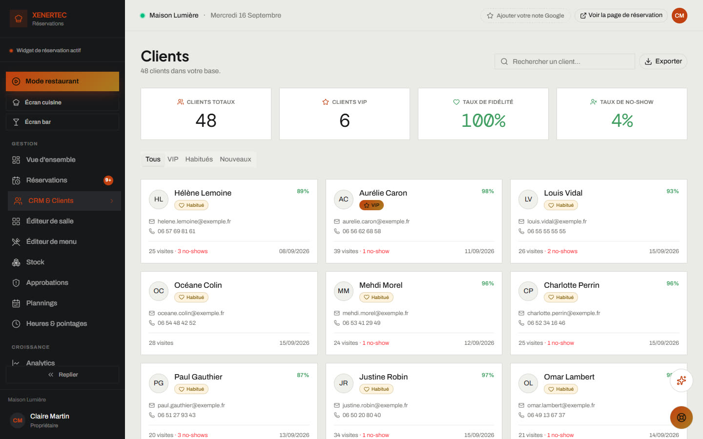 Fichier client du restaurant